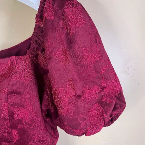 Lush Women's Size Large Red Floral Jacquard Puff‎ Sleeve Dress Formal Wear - Picture 4 of 5